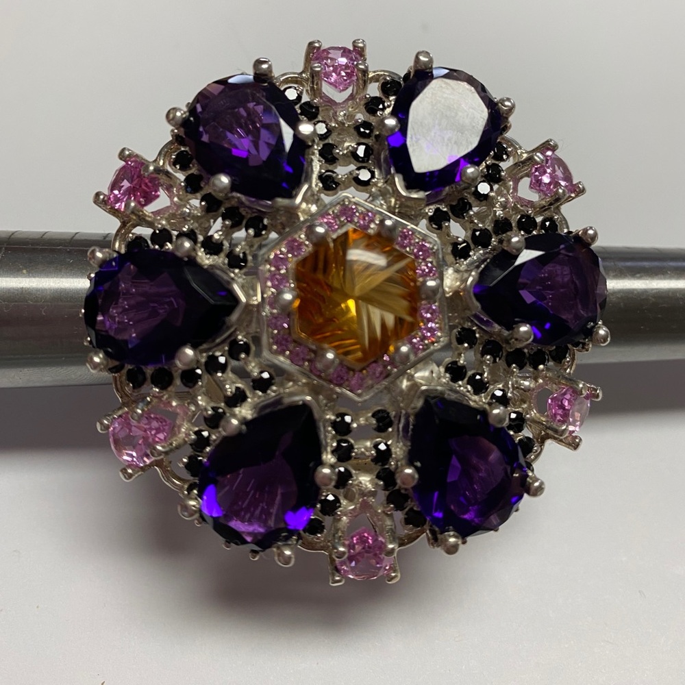 Citrine amethyst pink tourmaline black spinel ring